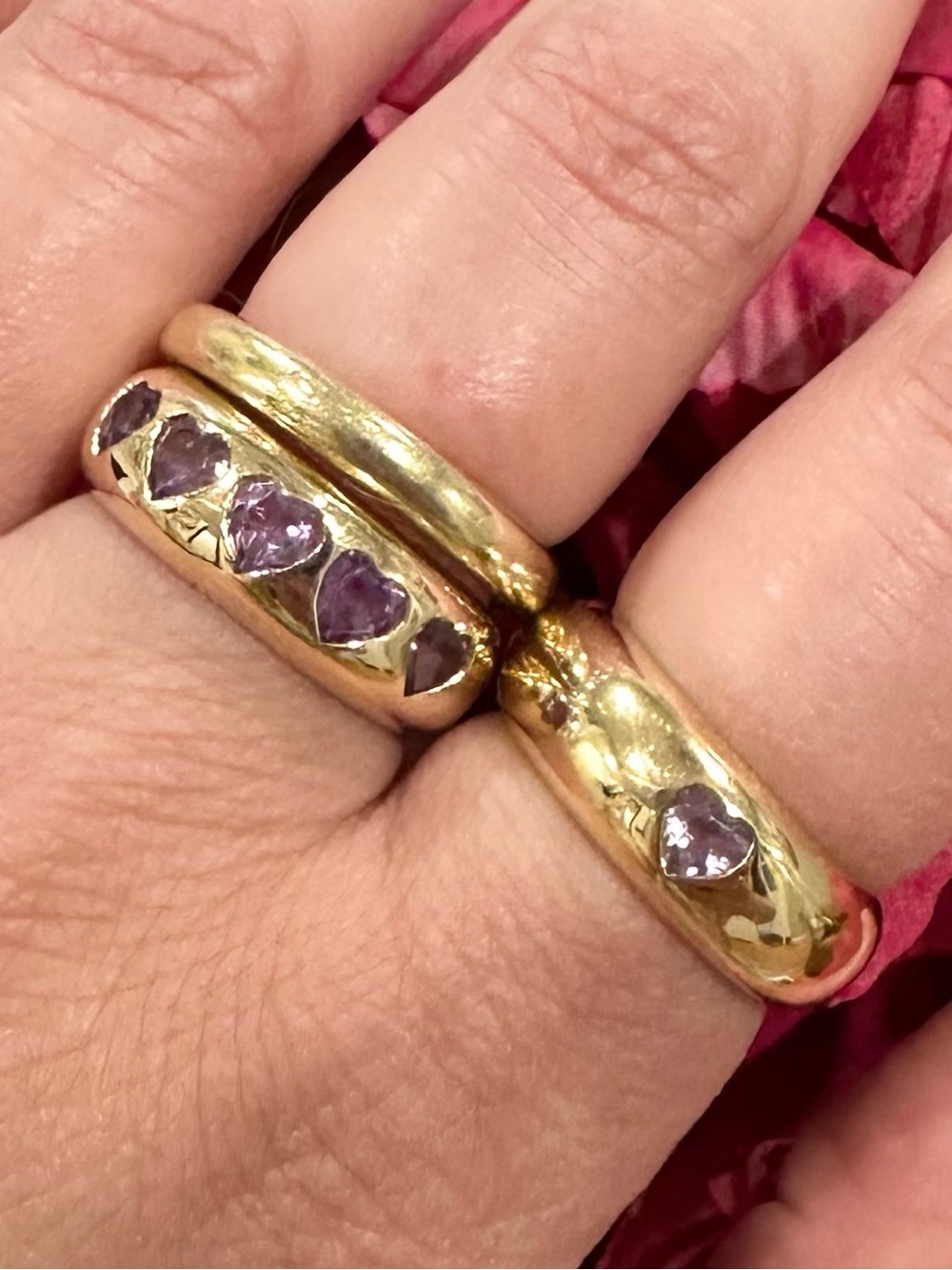 Solid 14K Gold Gypsy Chunky Donut Ring | Heart Amethyst Flush Set